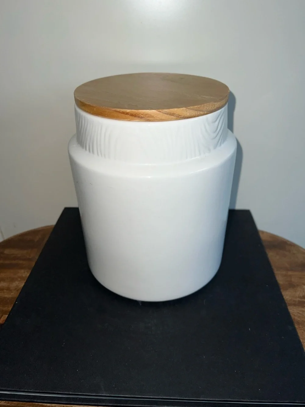 Pier 1 White Ceramic Canister with Black Logo